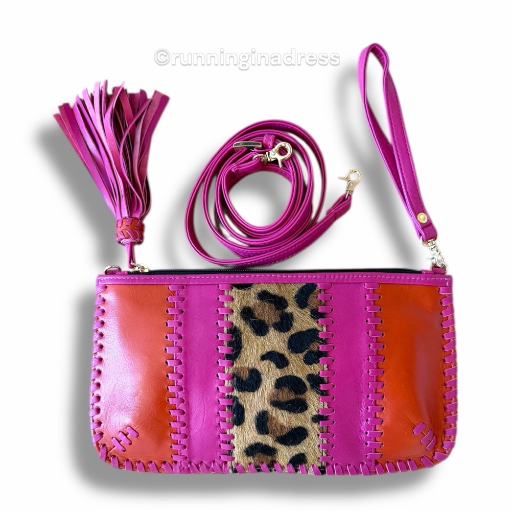 Clever Carriage Co Patchwork Leather Crossbody Bag Pink Leopard Y2K Clutch